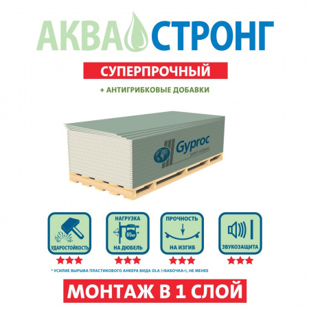 ГИПРОК-лист гипсокартон АКВА-СТРОНГ (ГКЛВ) 15х1200х2500 мм